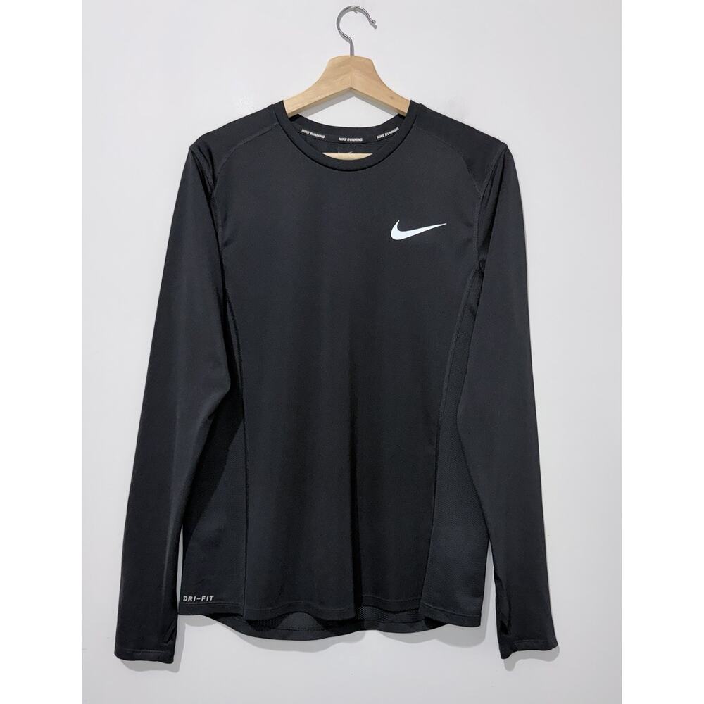 Nike Running Dri-Fit Mens T Shirt M Black Crew Neck Long Sleeve Breathable Logo